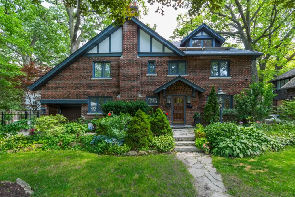 Tudor-style brick home front exterior in Baby Point