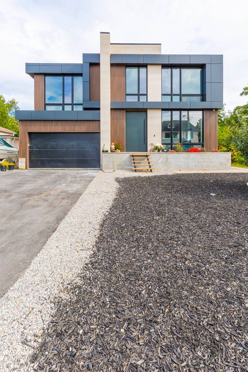 Modern home front with driveway