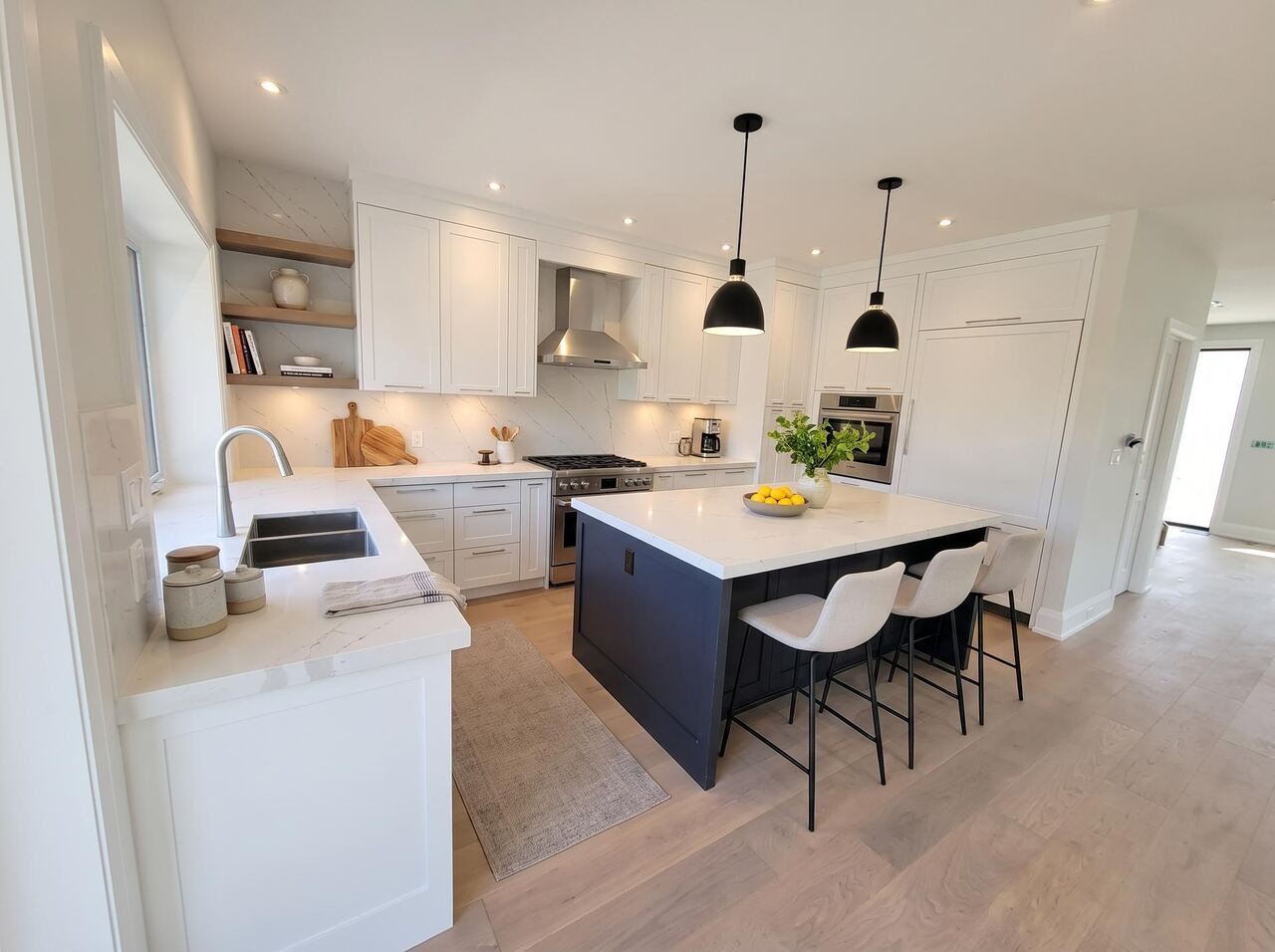 Kitchen with navy island, quartz counters and stainless appliances