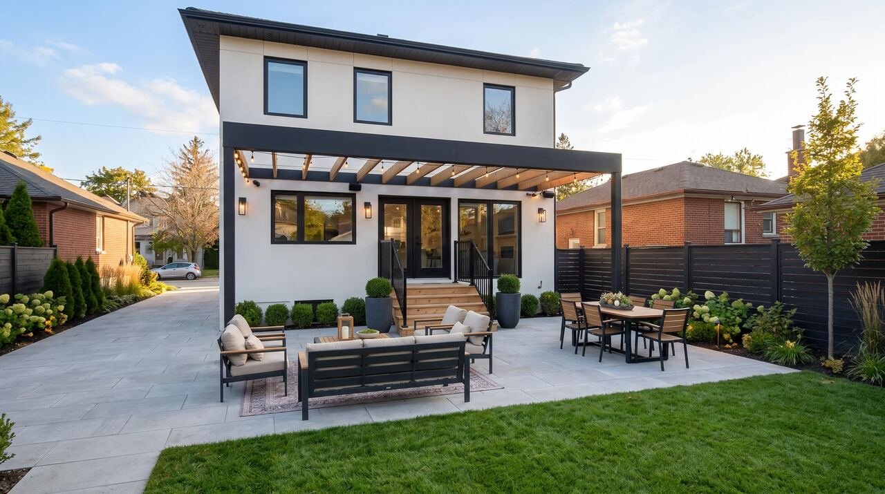 Rear exterior of second storey addition with pergola, stone patio and landscaped yard