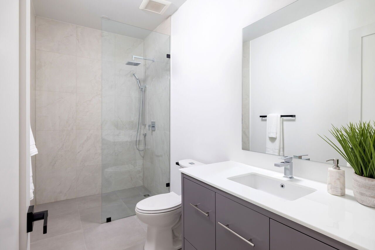Bathroom with frameless glass walk-in shower and floating vanity