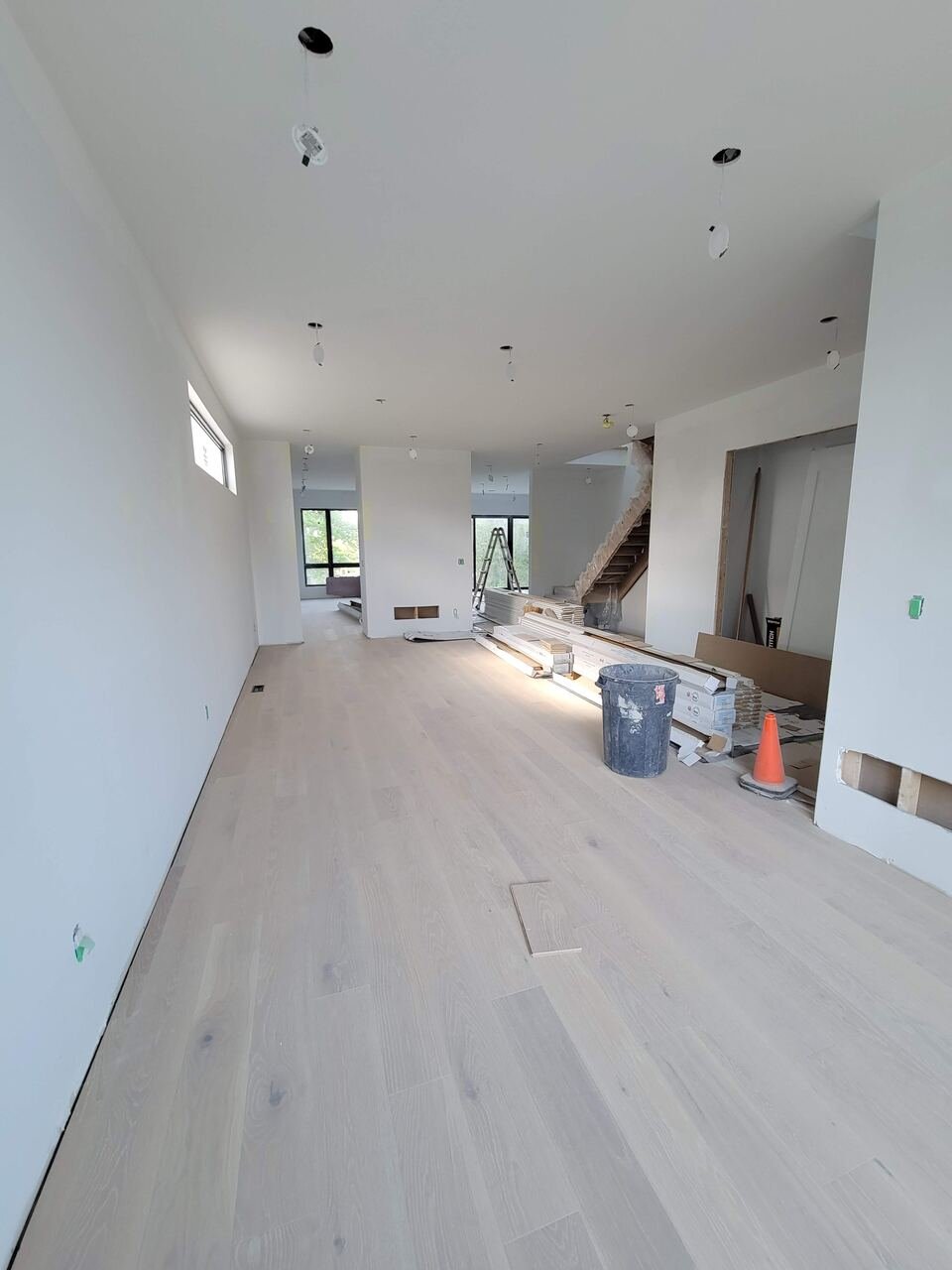 Main floor during white oak flooring installation