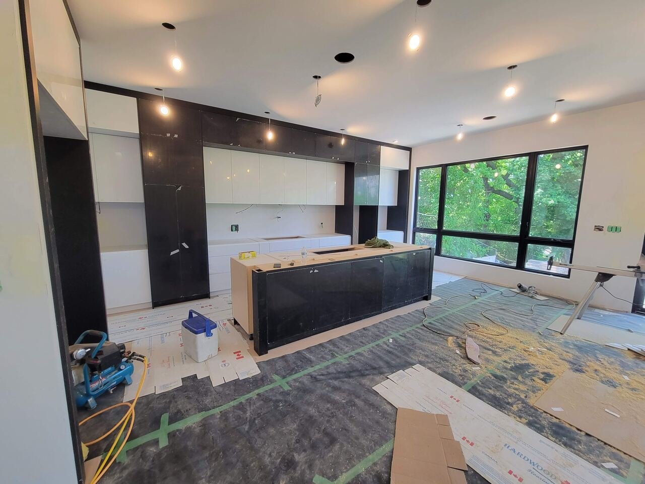 Kitchen during cabinet and island installation