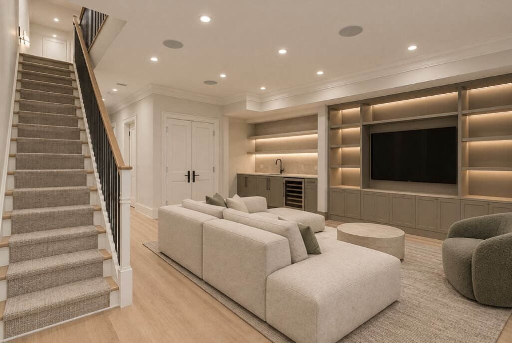 Finished basement recreation room with built-in media wall, sectional seating and open staircase
