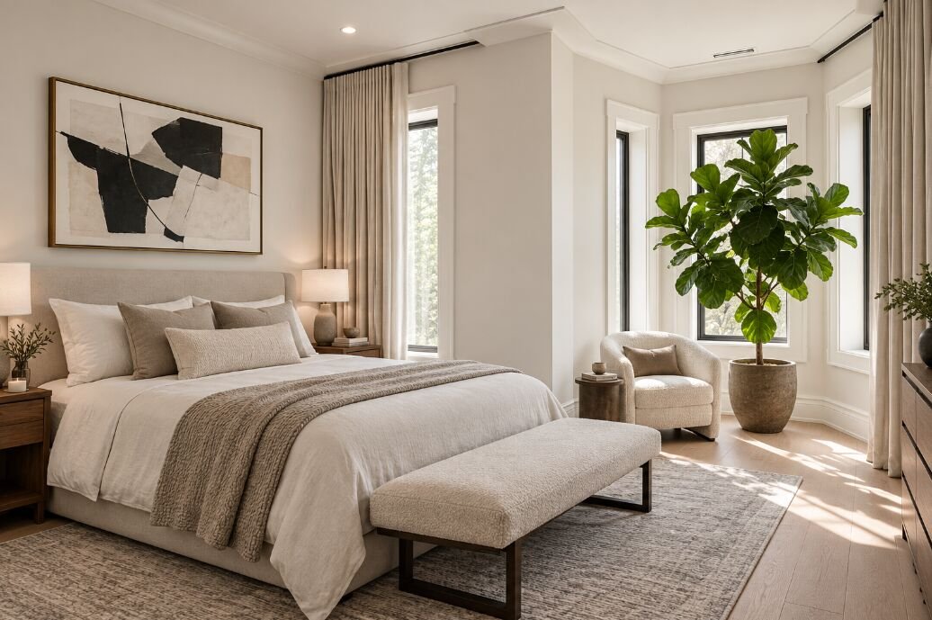 Bedroom with tall windows, linen drapery and a seating corner