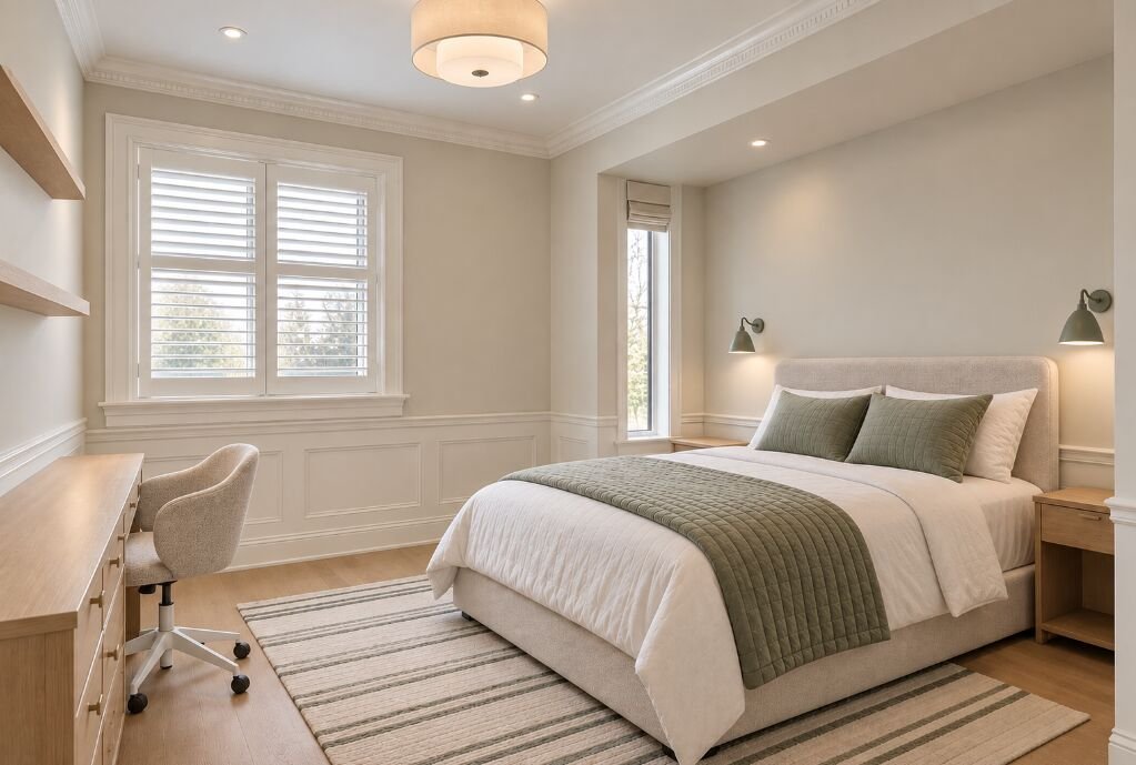 Children bedroom with plantation shutters, built-in desk and wainscoting