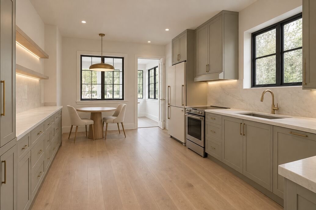 Renovated galley kitchen with grey cabinetry, integrated appliances and a dining nook by the rear window