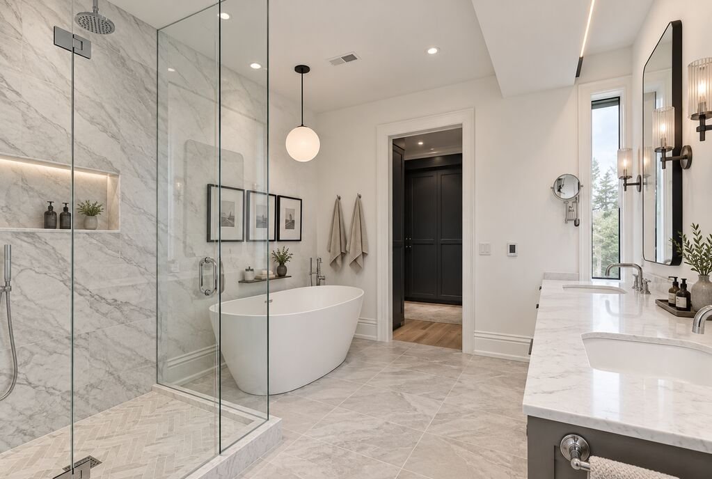 Marble-clad bathroom with a freestanding tub set inside a glass shower enclosure