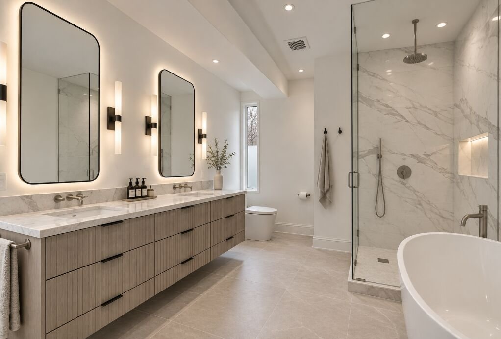 Primary bathroom with a double floating vanity, twin mirrors, glass shower and freestanding tub