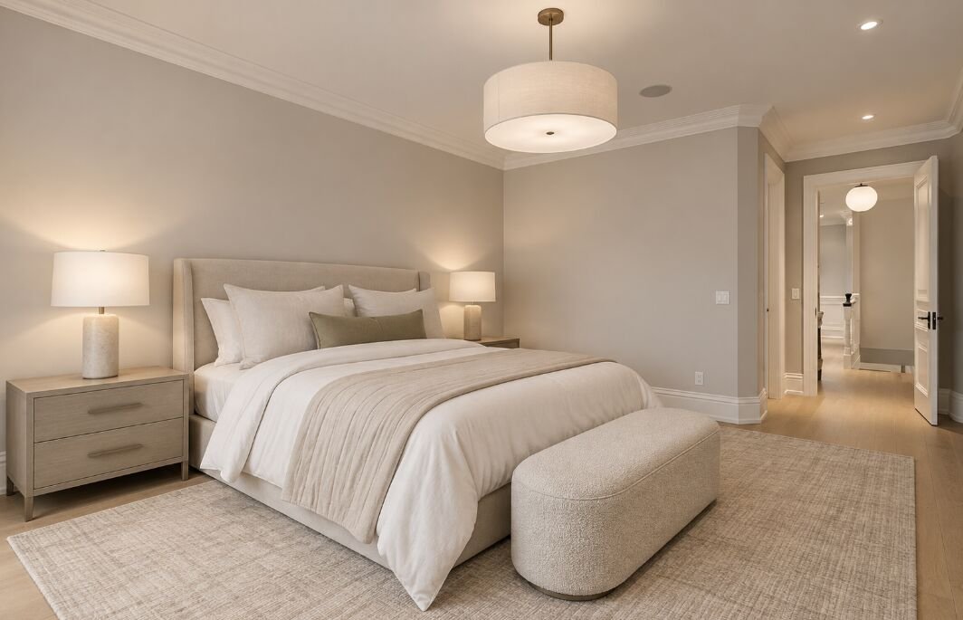 Primary bedroom with upholstered bed, bedside sconces and a doorway through to the ensuite