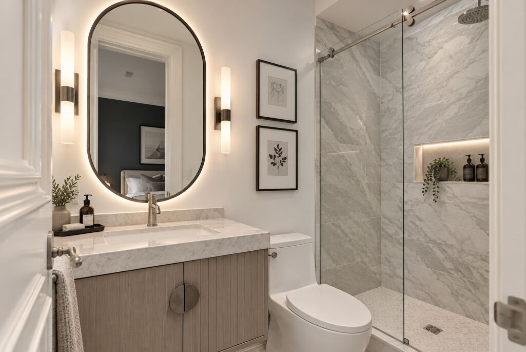 Secondary bathroom with oval backlit mirror, wood vanity and a glass walk-in shower
