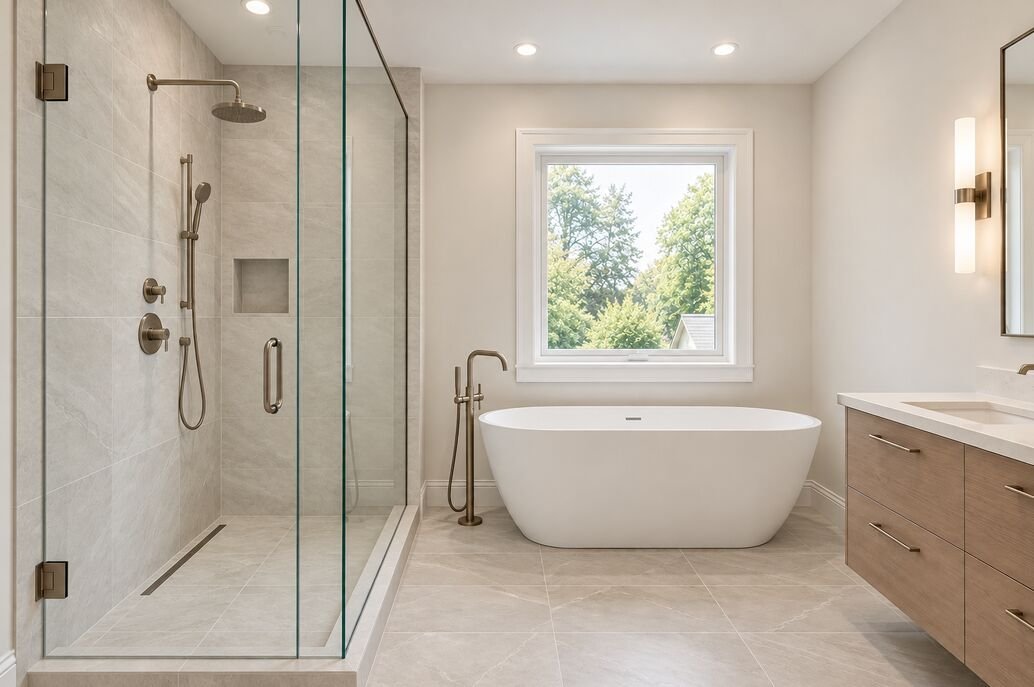Bathroom with a freestanding soaker tub, glass walk-in shower and a wood floating vanity