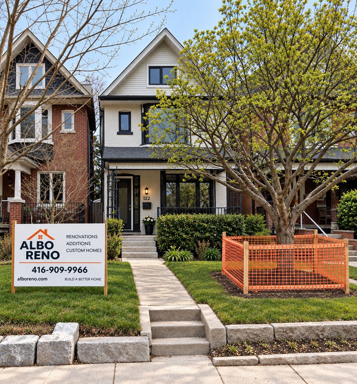 Renovated front exterior of the Constance multi-unit home in the High Park area of Toronto, with new landscaping and walkway