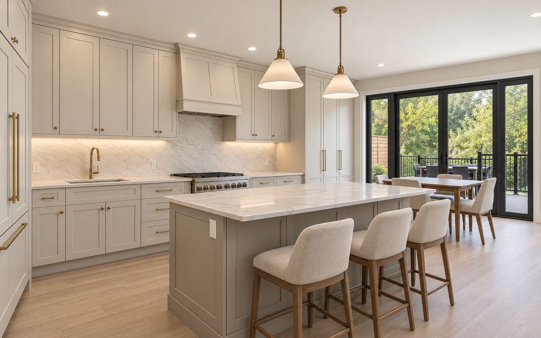 Renovated kitchen with a quartz island, pendant lighting, bar seating and a glass walkout to the rear deck