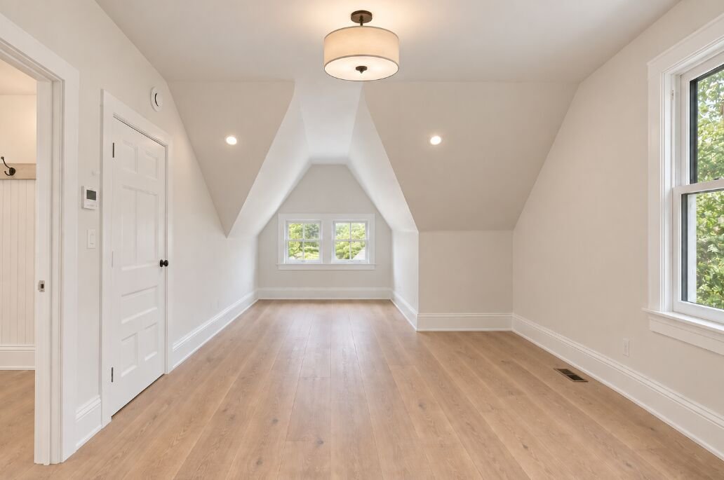 Third floor living space under the original roofline, with dormer window and new flooring