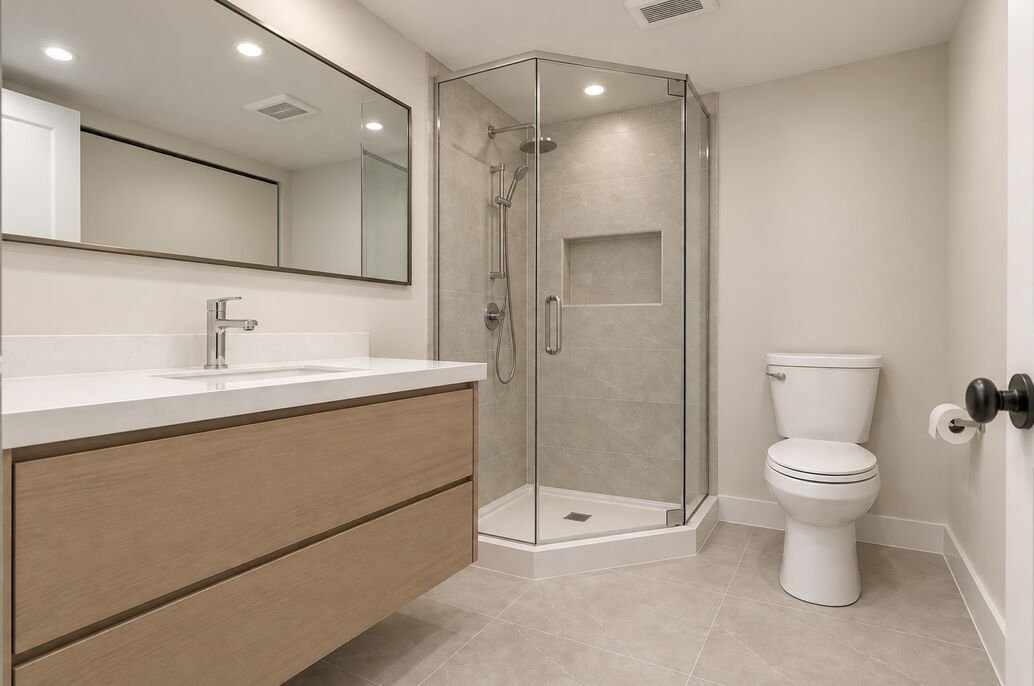 Basement bathroom with a floating wood vanity, full-width mirror and a glass corner shower