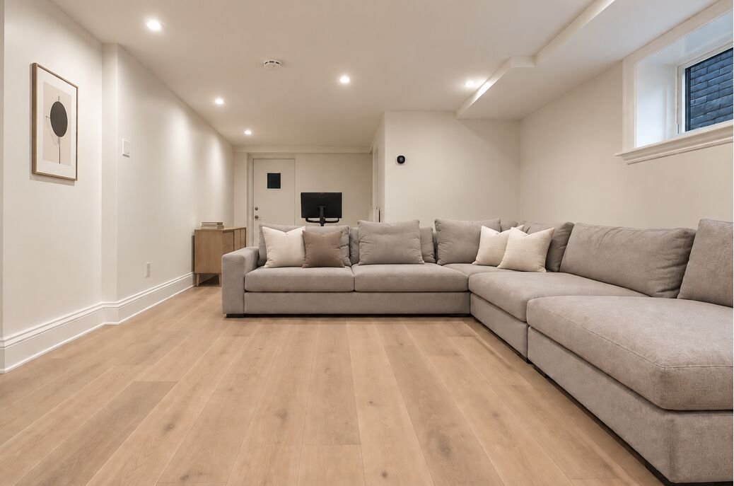 Finished basement recreation room with sectional seating, white oak flooring and an enlarged window well
