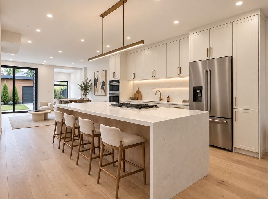 Open-plan kitchen at Fermanagh with a quartz waterfall island, white shaker cabinetry, brass hardware and a walkout to the rear yard