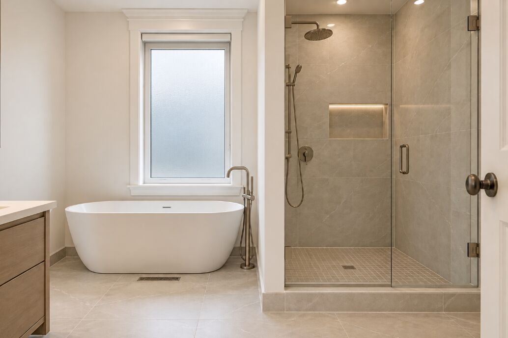 Primary bathroom with a freestanding soaker tub, glass walk-in shower and large-format porcelain tile