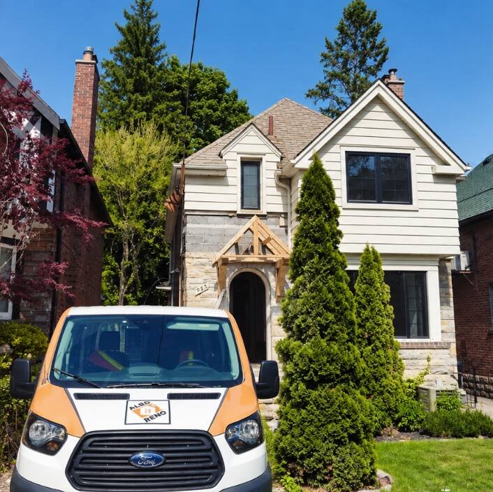 The house at 283 South Kingsway before the Tudor exterior renovation, with the ALBO Renovations van parked out front