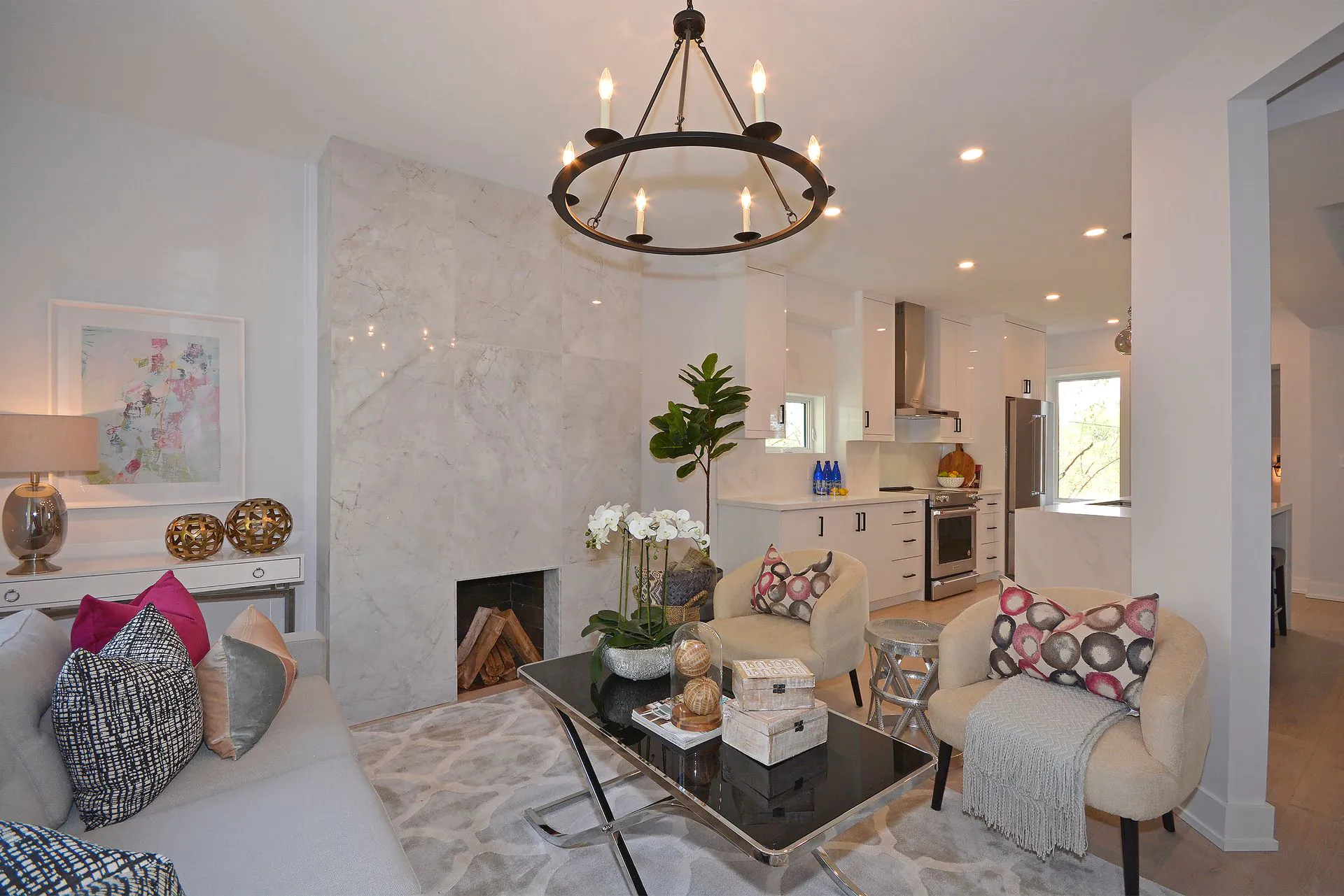 Living area with marble fireplace surround