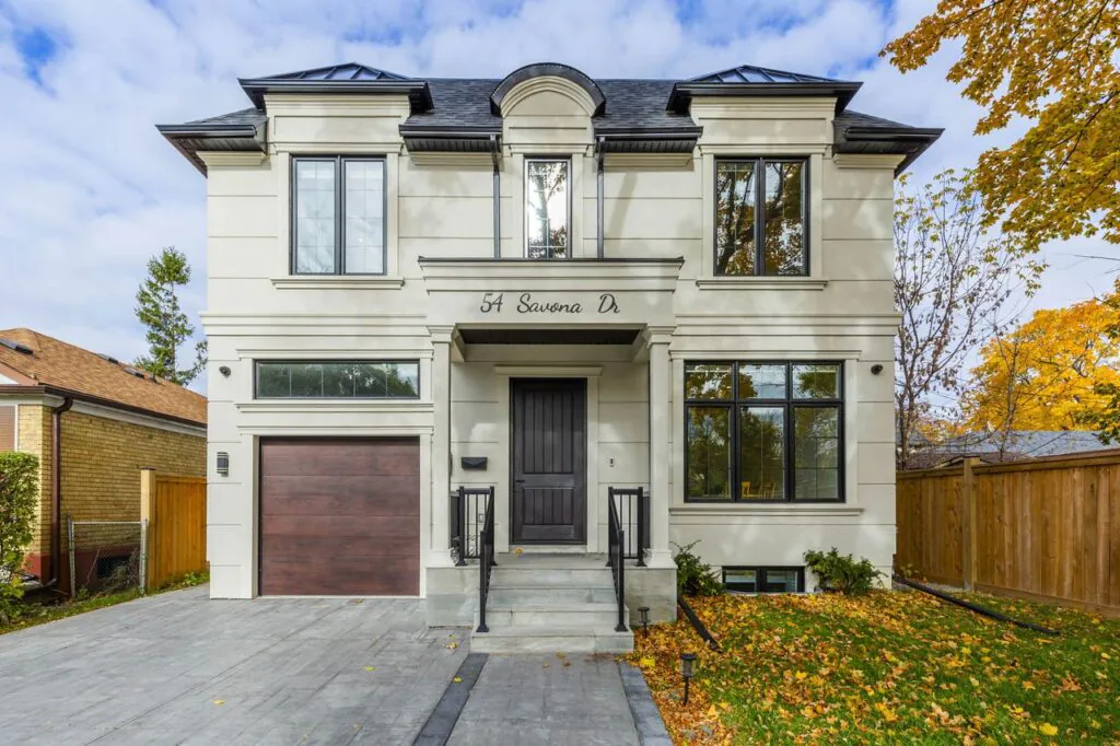 Traditional design-build new home front elevation with single car garage — 54 Savona Drive, South Etobicoke