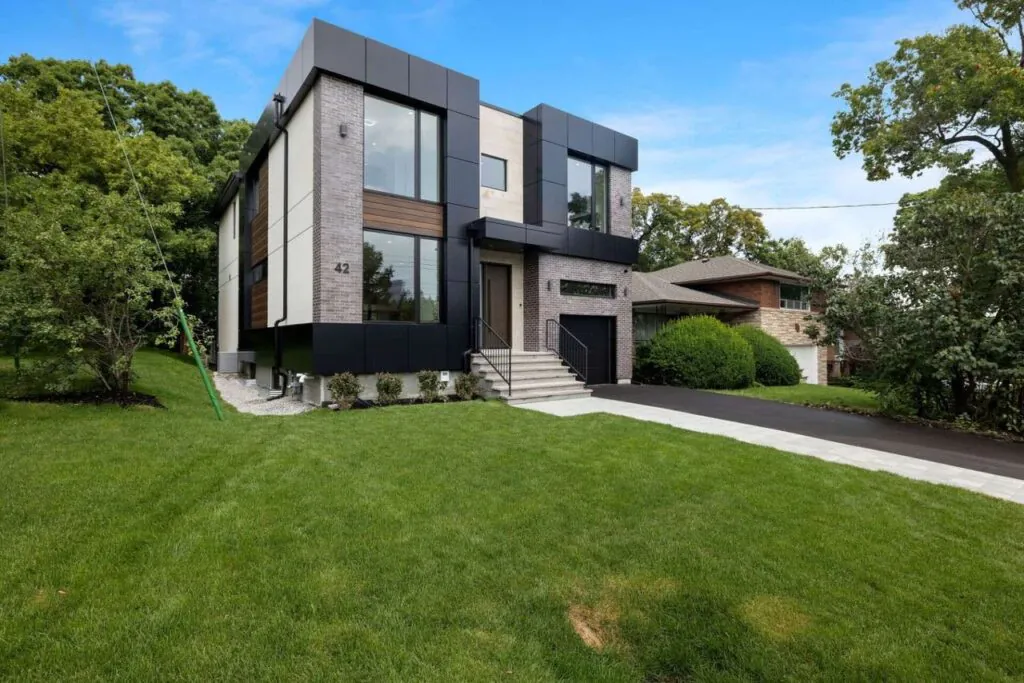 Modern black and white design-build new home front elevation — 42 Cannon Rd, Etobicoke