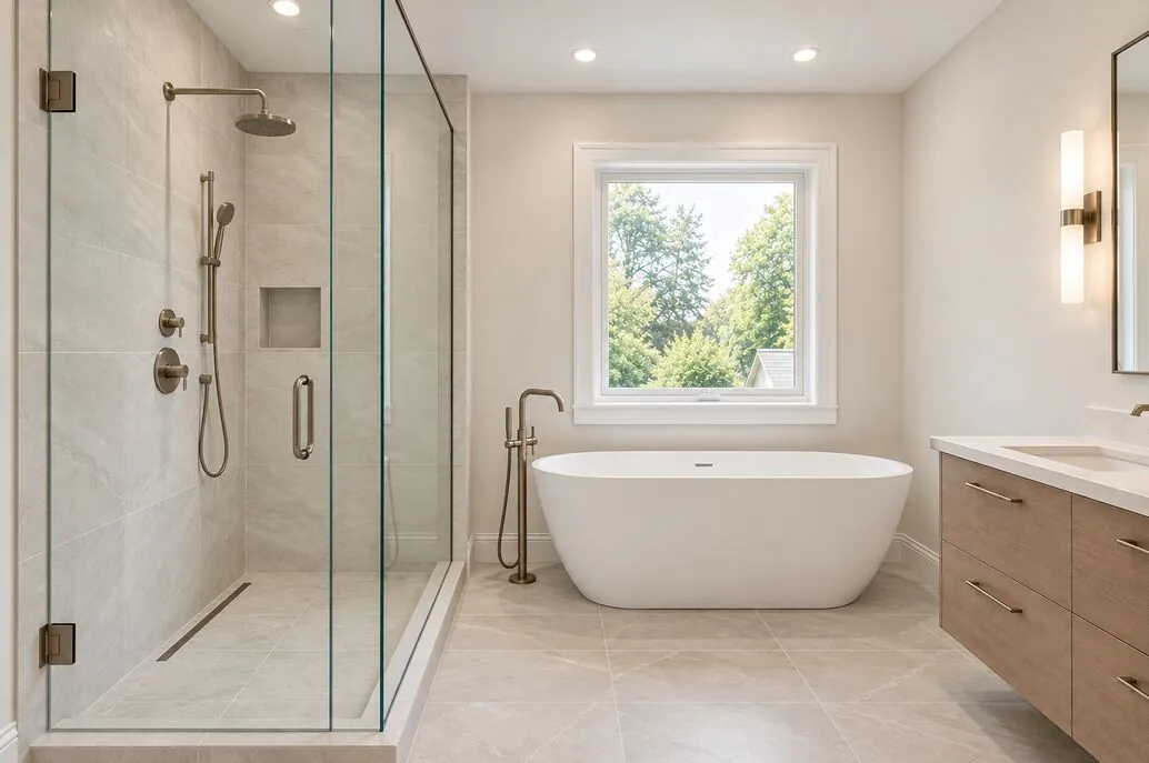 Bathroom with a freestanding soaker tub, glass walk-in shower and a wood floating vanity