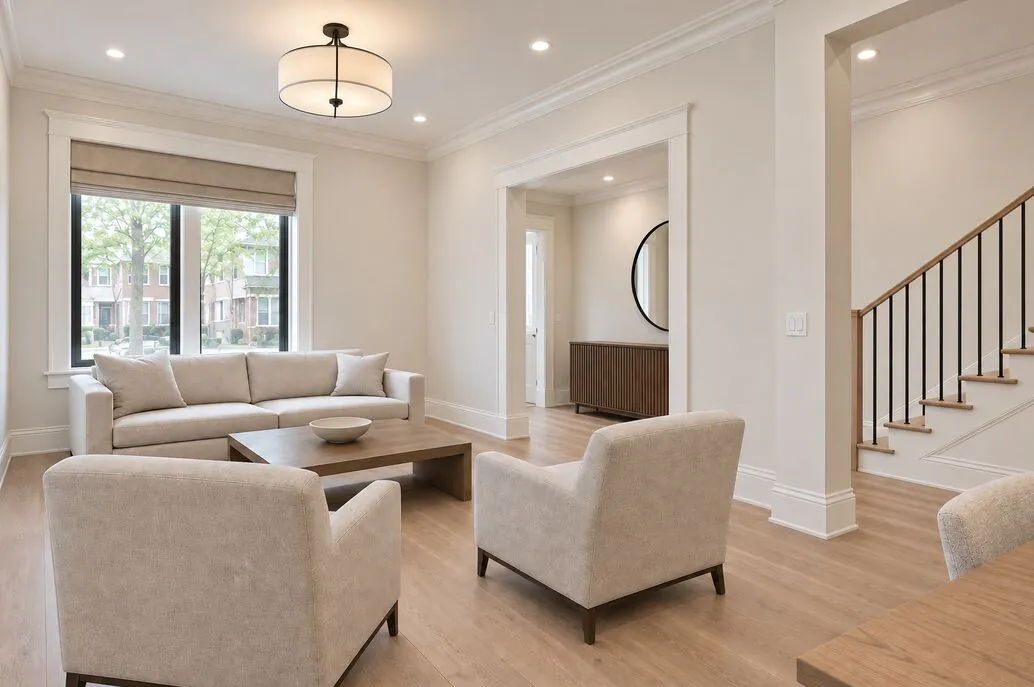 Front living room with bay window, open staircase and wide-plank flooring