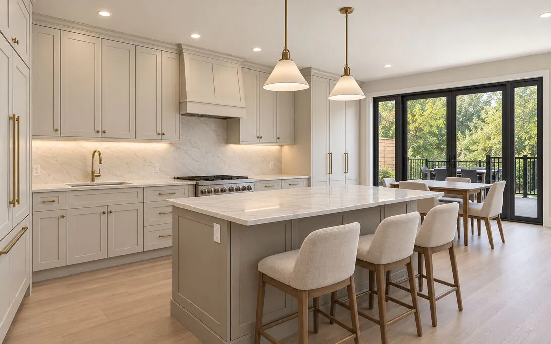 Renovated kitchen with a quartz island, pendant lighting, bar seating and a glass walkout to the rear deck