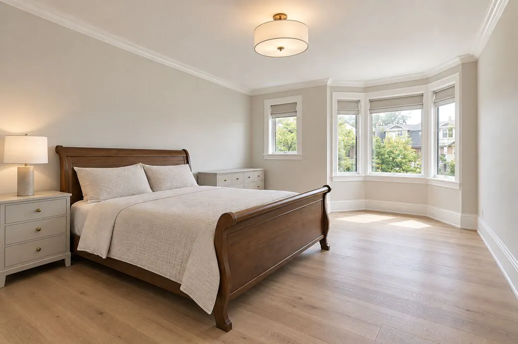Primary bedroom with a curved bay window and natural light on three sides