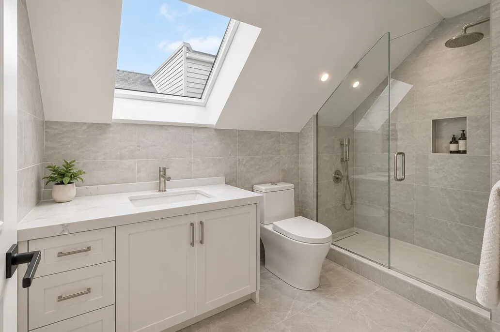 Third floor bathroom with skylight, glass shower and a compact vanity